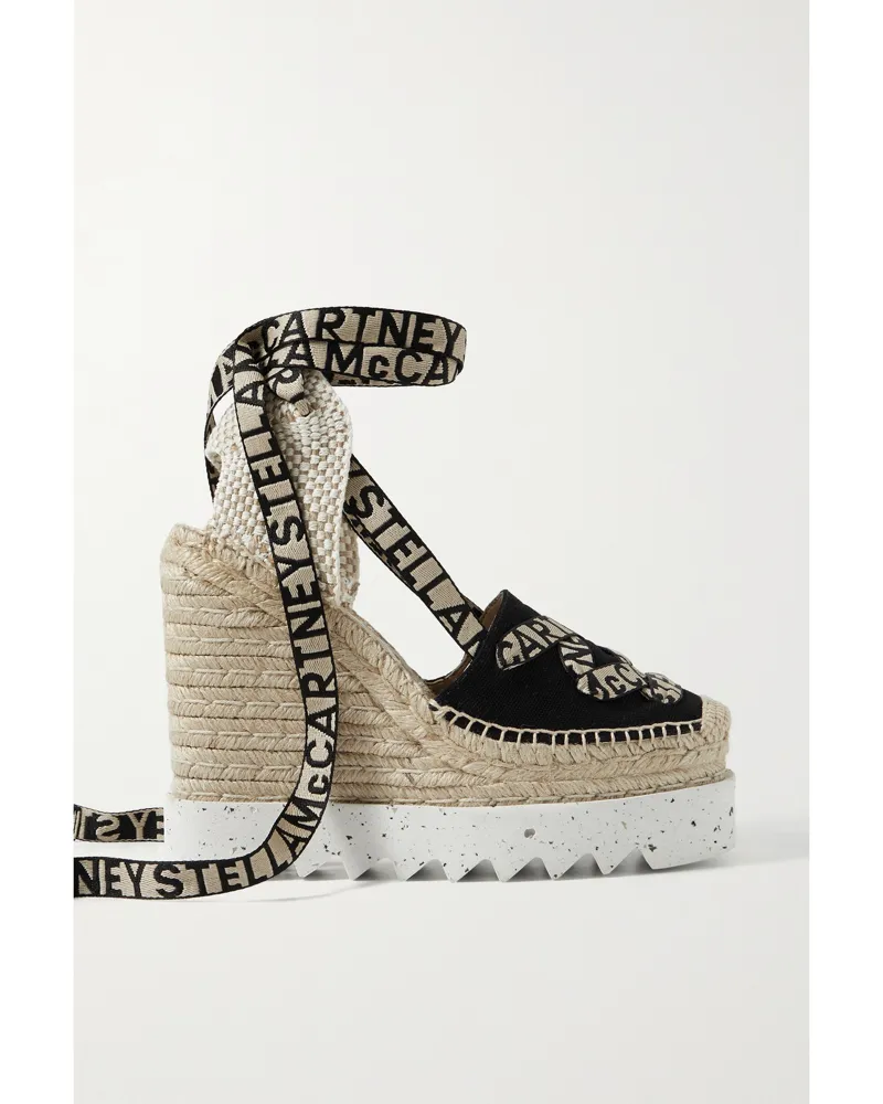 Stella McCartney Gaia Espadrille-wedges Aus Baumwoll-canvas Mit Jacquard-logomuster - Schwarz Schwarz