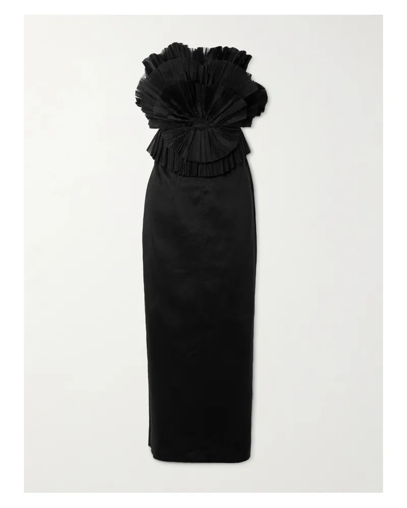 Aje. Kira Trägerloses Maxikleid Aus Einer Leinenmischung Und Plissierter Baumwolle Mit Rüschen - Schwarz Schwarz