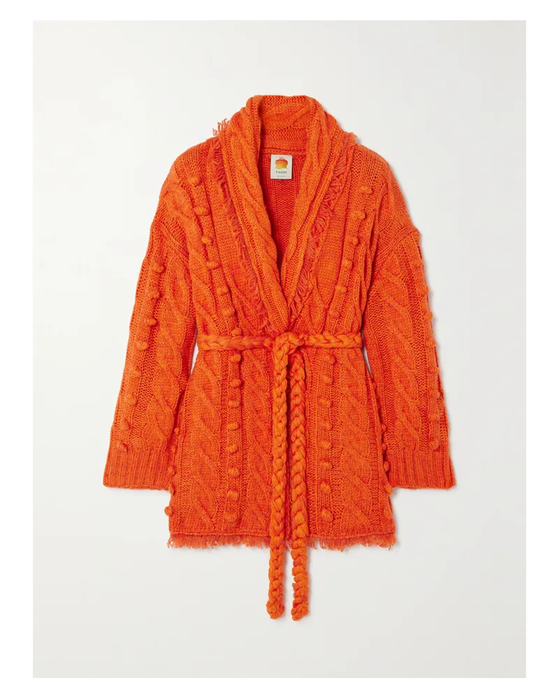 FARM Rio Oversized-cardigan In Zopfstrick Mit Fransen, Verzierungen Und Bindegürtel - Orange Orange