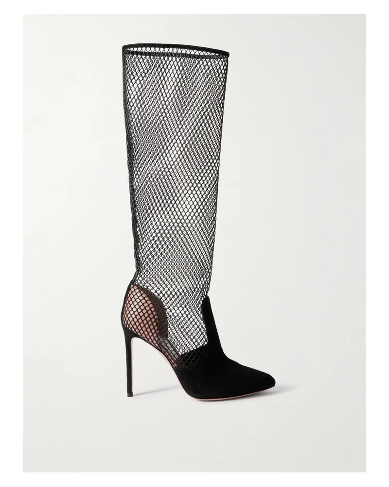 Aquazzura Brera 105 Kniehohe Stiefel Aus Netzmaterial Mit Velourslederbesätzen - Schwarz Schwarz