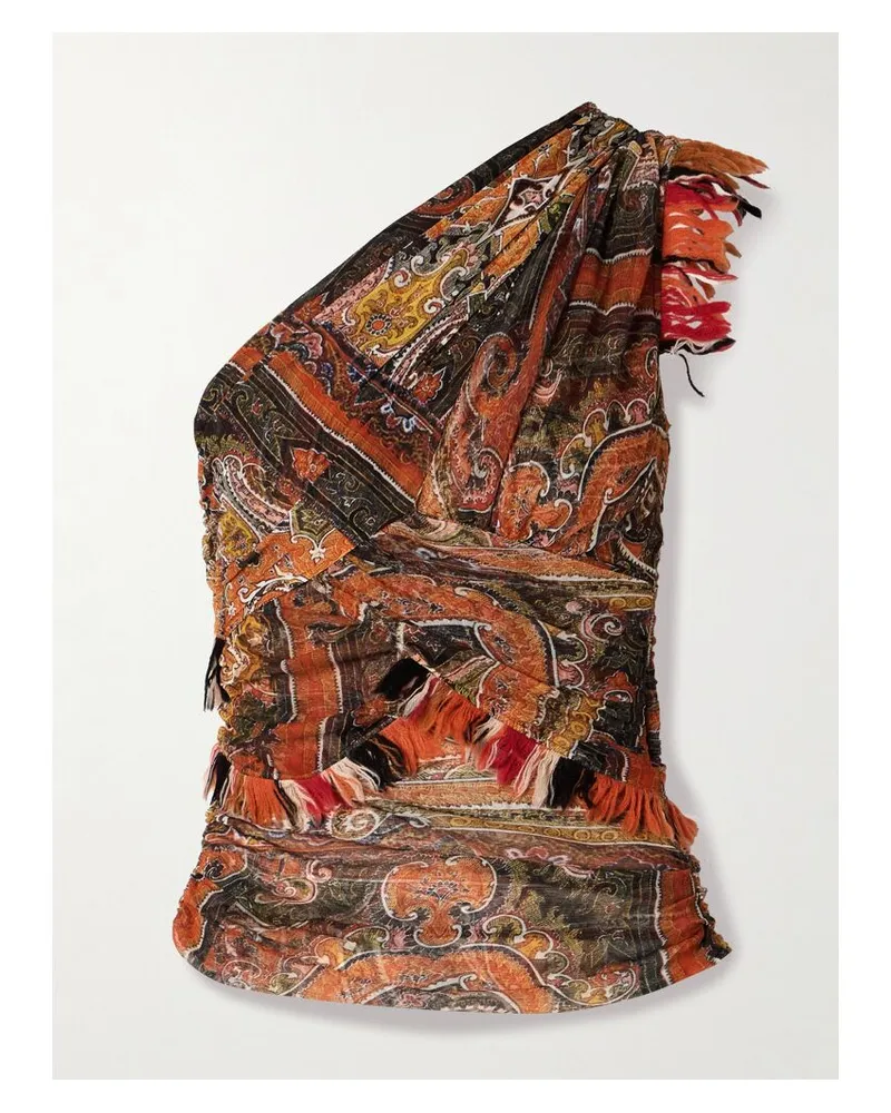Isabel Marant Devona Asymmetrisches Top Aus Mesh Mit Wickeleffekt, Paisley-print Und Fransen - Burgunder Burgunder