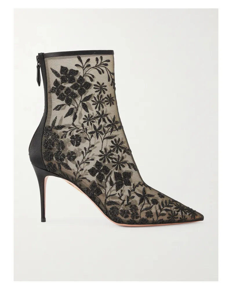 Aquazzura Mon Amour 85 Ankle Boots Aus Mesh Mit Satinbesätzen Und Zierperlen - Schwarz Schwarz