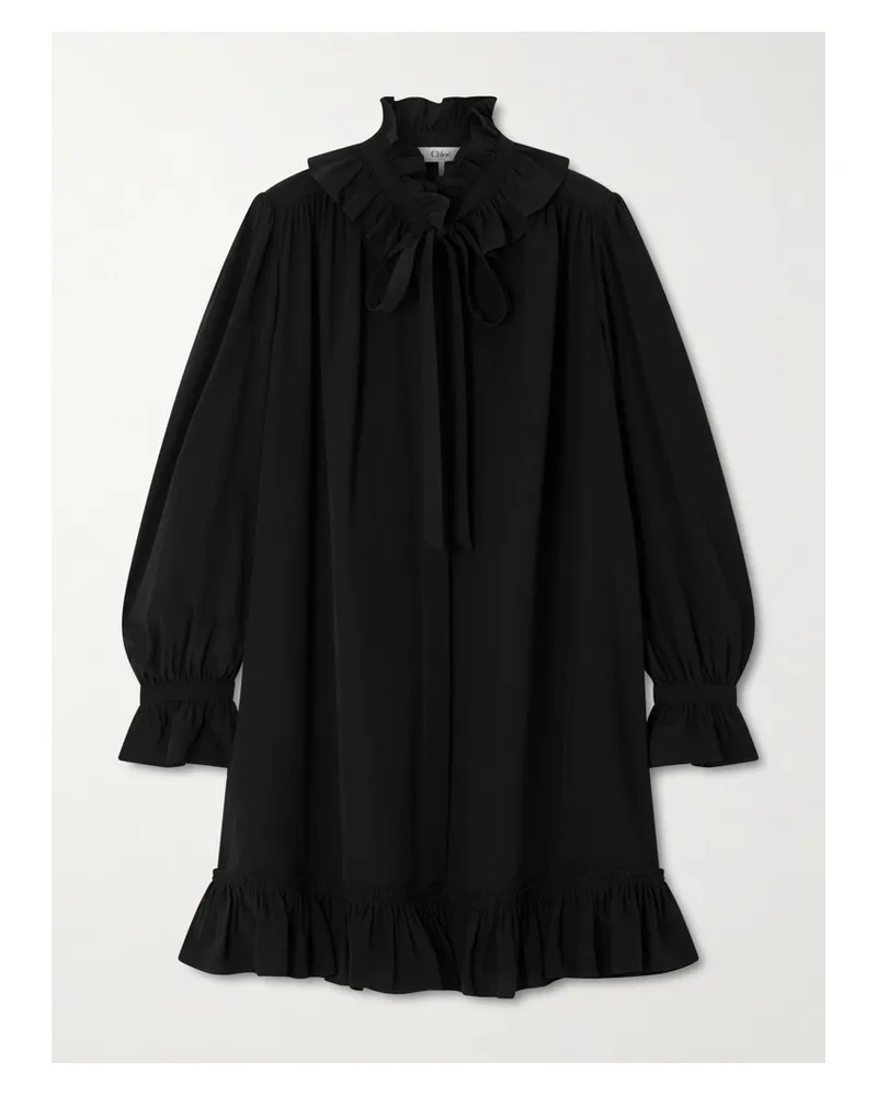 Chloé Pussy-bow Ruffled Organic Silk-crepe Mini Dress - Black Black
