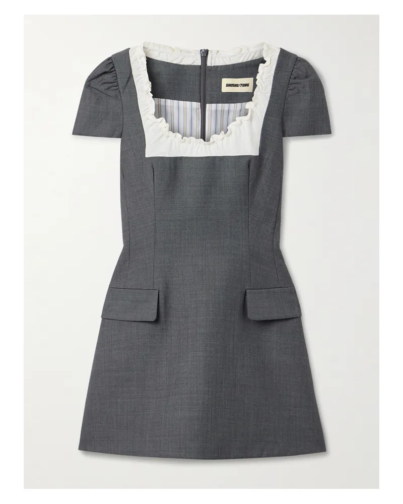 SHUSHU/TONG Minikleid Aus Twill Mit Rüschen Und Besatz Aus Gaze Aus Einer Wollmischung - Grau Grau