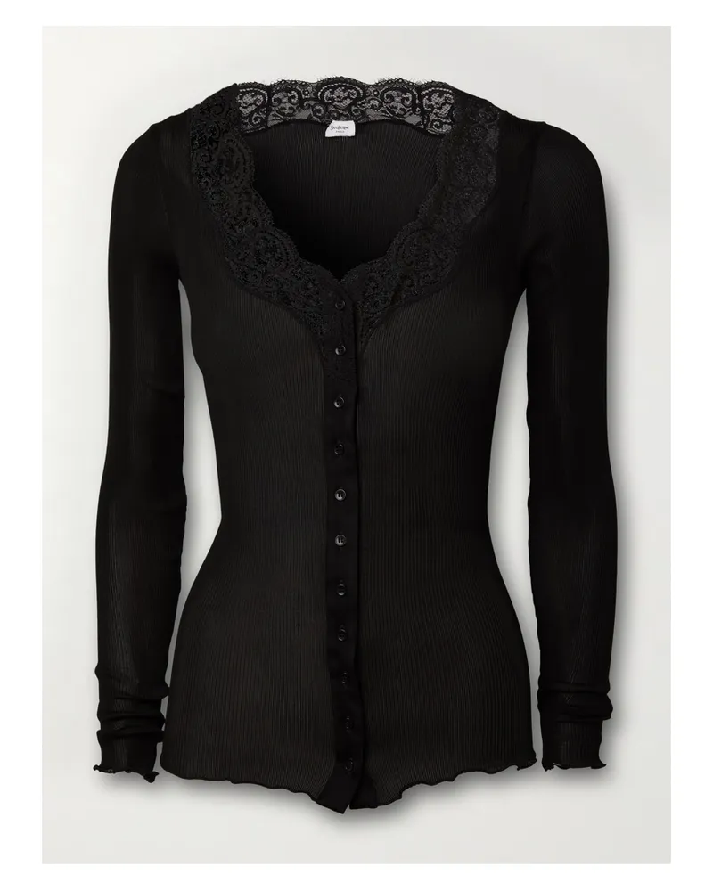 Saint Laurent Cardigan Aus Geripptem Seiden-jersey Mit Spitzenbesatz - Schwarz Schwarz