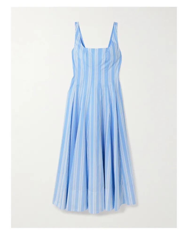 STAUD Wells Paneled Striped Cotton-blend Poplin Midi Dress - Blue Blue