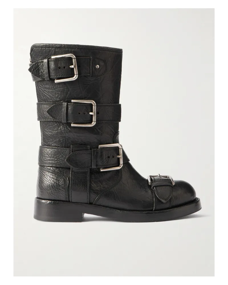 Dolce & Gabbana Bernini Stiefel Aus Leder In Knitteroptik Mit Schnallen - Schwarz Schwarz