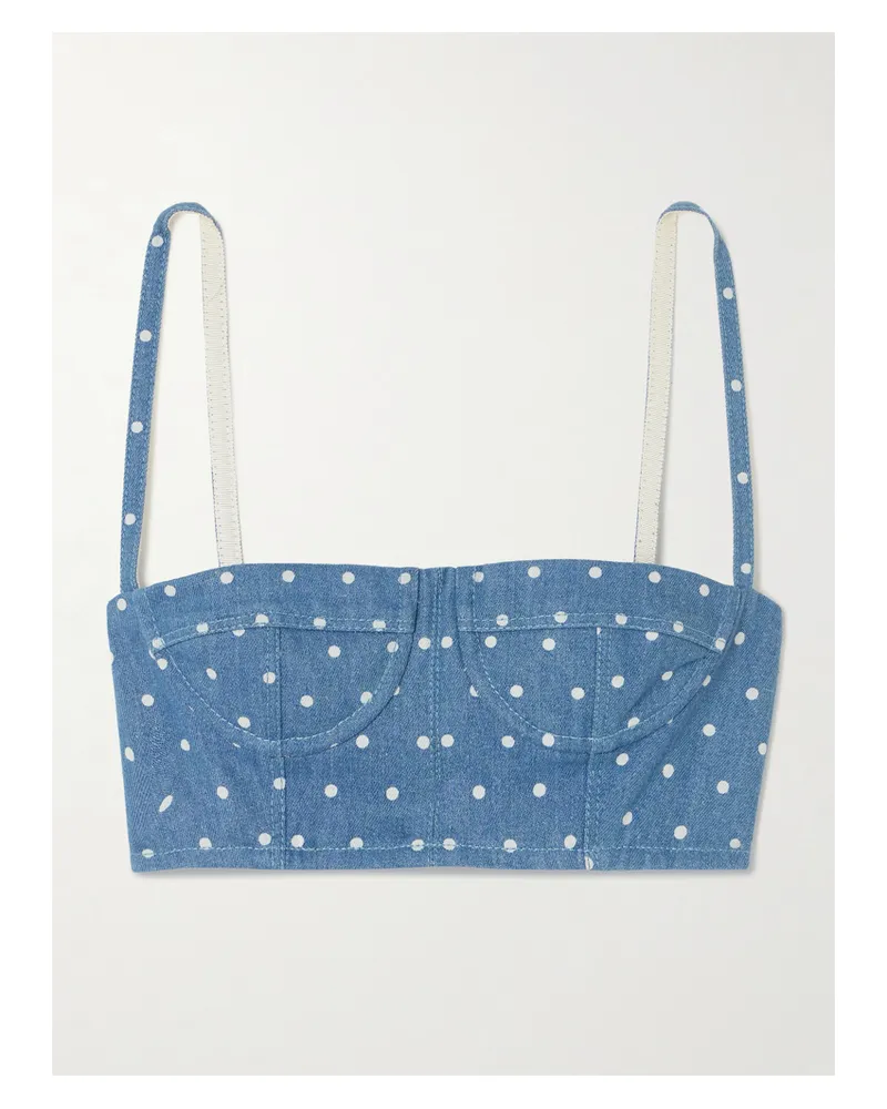 Carolina Herrera New York Cropped Polka-dot Denim Bustier Top - Blue Blue