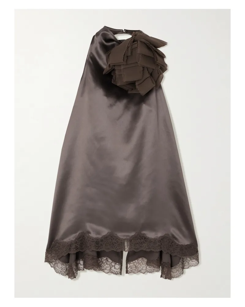 Magda Butrym Appliquéd Scalloped Lace And Chiffon-trimmed Silk-satin Halterneck Blouse - Brown Brown