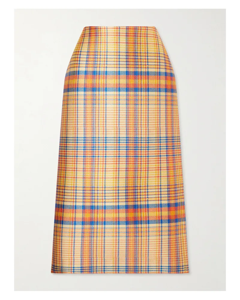 Brandon Maxwell Mercer Checked Wool And Silk-blend Mikado Midi Skirt - Orange Orange