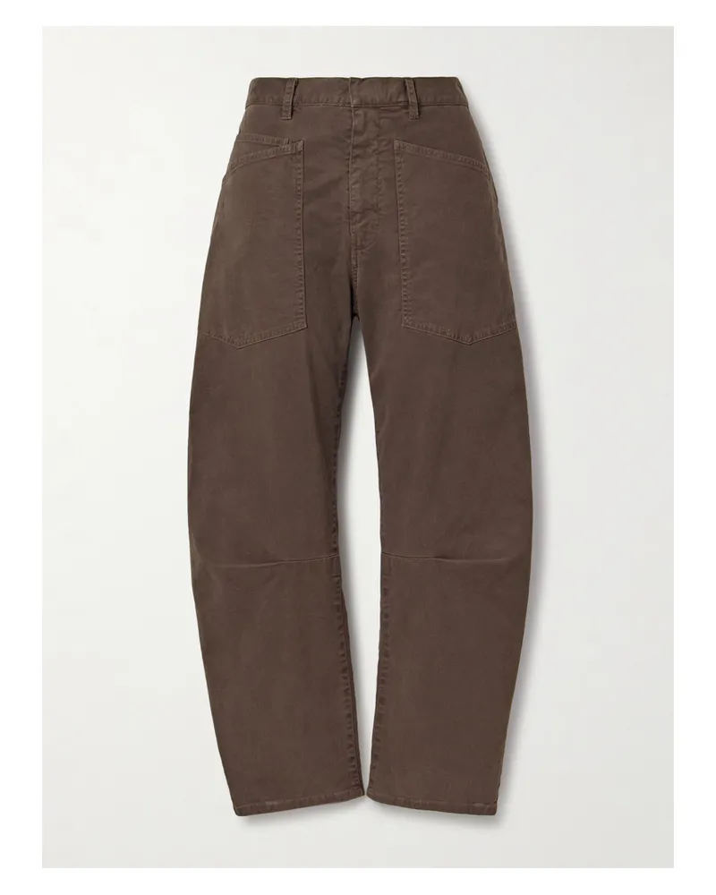 Nili Lotan Shon Brushed Stretch-cotton Twill Barrel-leg Pants - Brown Brown