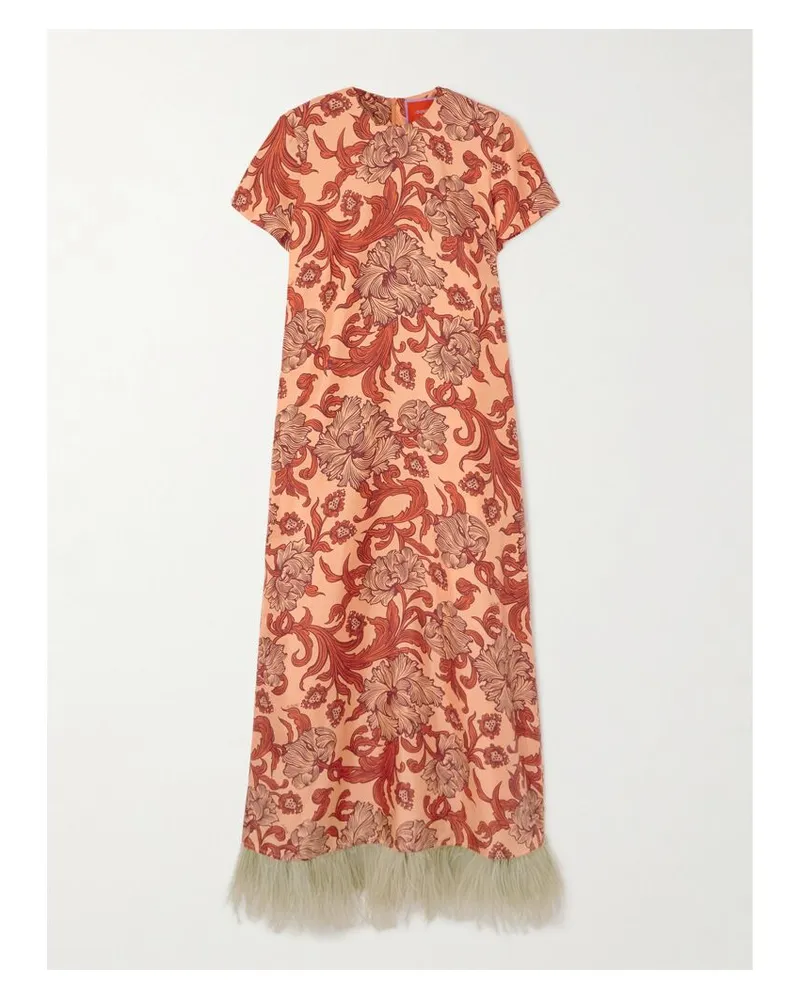 La DoubleJ Swing Maxikleid Aus Bedrucktem Seiden-twill Mit Federn - Orange Orange