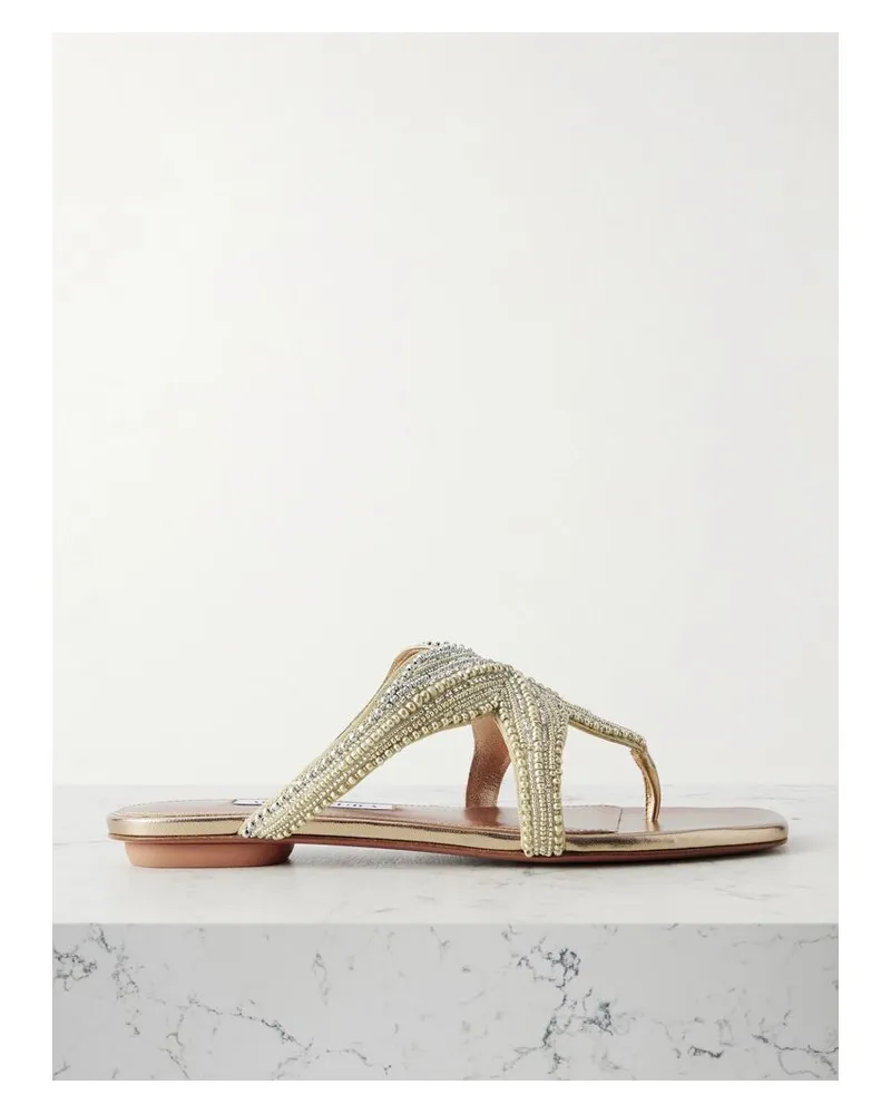 Aquazzura Reef Star Zehensandalen Aus Metallic-leder Mit Zierperlen - Neutral Neutral