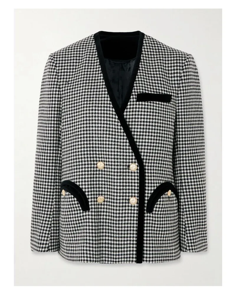 Blazé Milano Sunset Doppelreihiger Blazer Aus Wolle Mit Hahnentrittmuster Und Samtbesätzen - Schwarz Schwarz