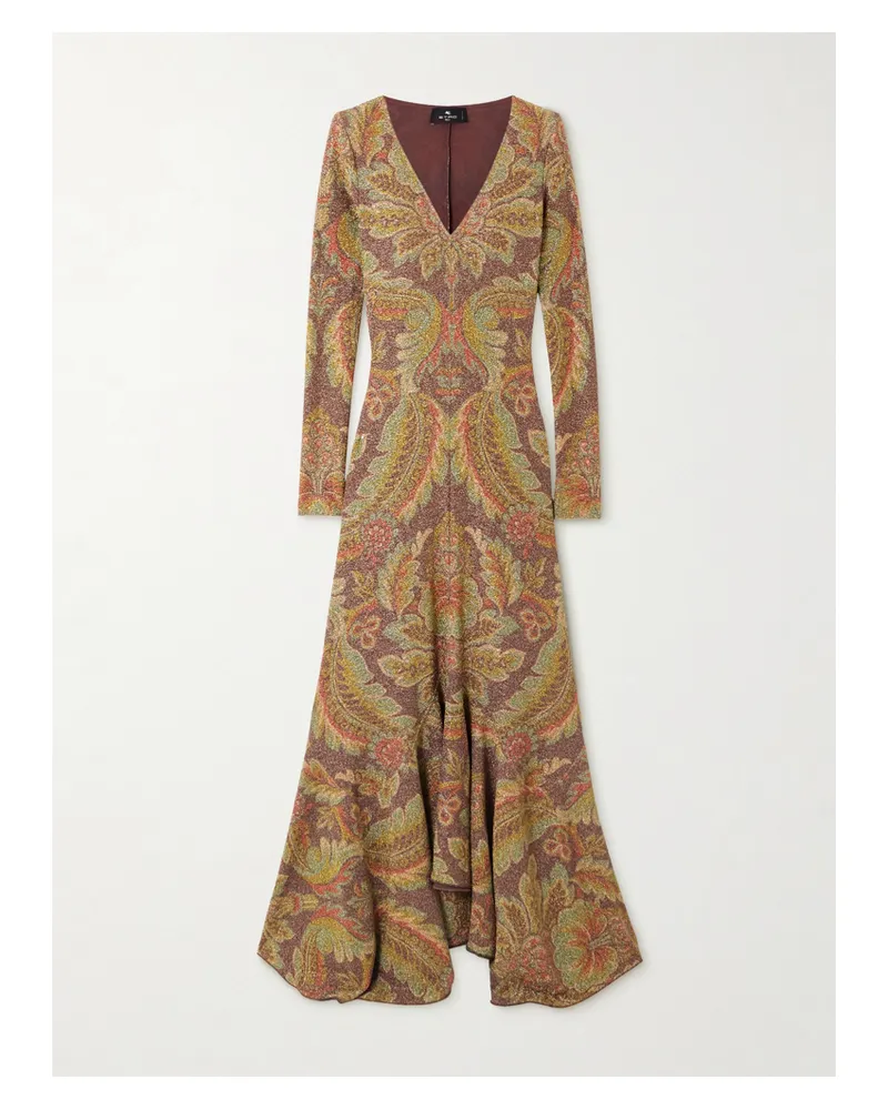 Etro Asymmetrisches Maxikleid Aus Metallic-cloqué Mit Paisley-muster - Braun Braun
