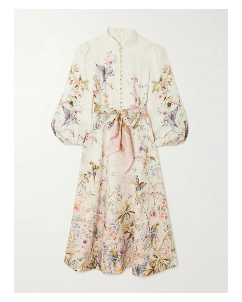 Zimmermann Rebellion Tie-detailed Printed Linen Midi Dress - Neutrals Neutrals