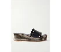 Rockstud Leather Platform Espadrille Slides - Black