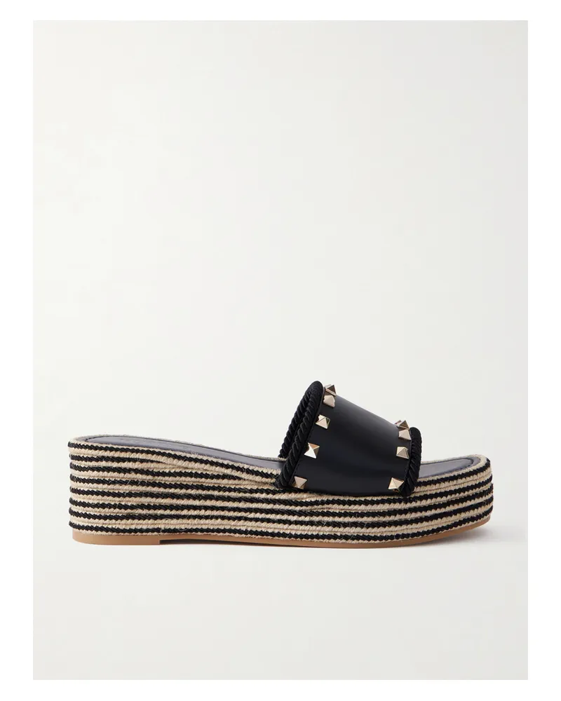 Valentino Garavani Rockstud Leather Platform Espadrille Slides - Black Black