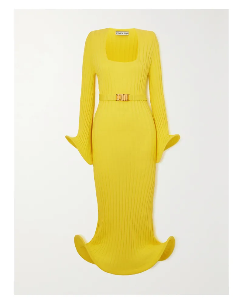 Rowen Rose Waves Midikleid Aus Gerippter Baumwolle Mit Gürtel - Gelb Gelb