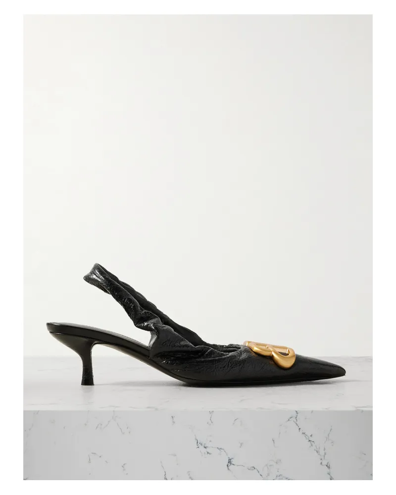 Balenciaga Monaco Logo-embellished Crinkled-leather Slingback Pumps - Black Black