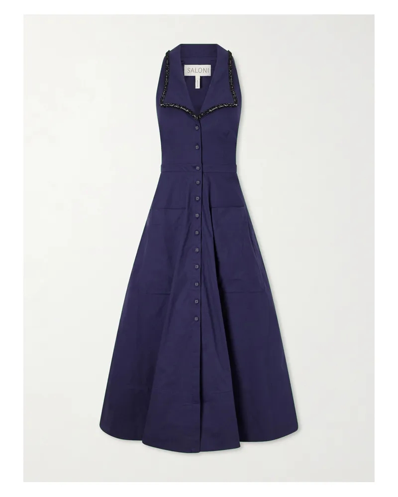 Saloni Jessica Crystal-embellished Cotton-blend Poplin Midi Dress - Blue Blue