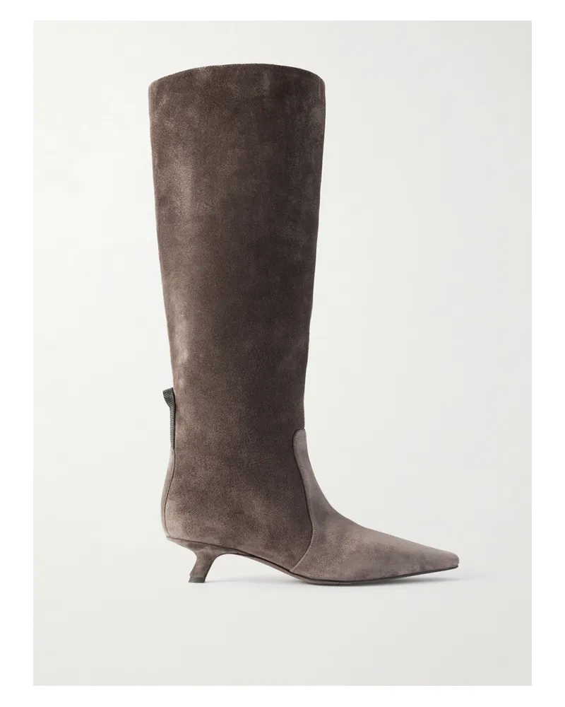 Brunello Cucinelli Scarpe Kniehohe Stiefel Aus Veloursleder Mit Zierperlen - Grau Grau