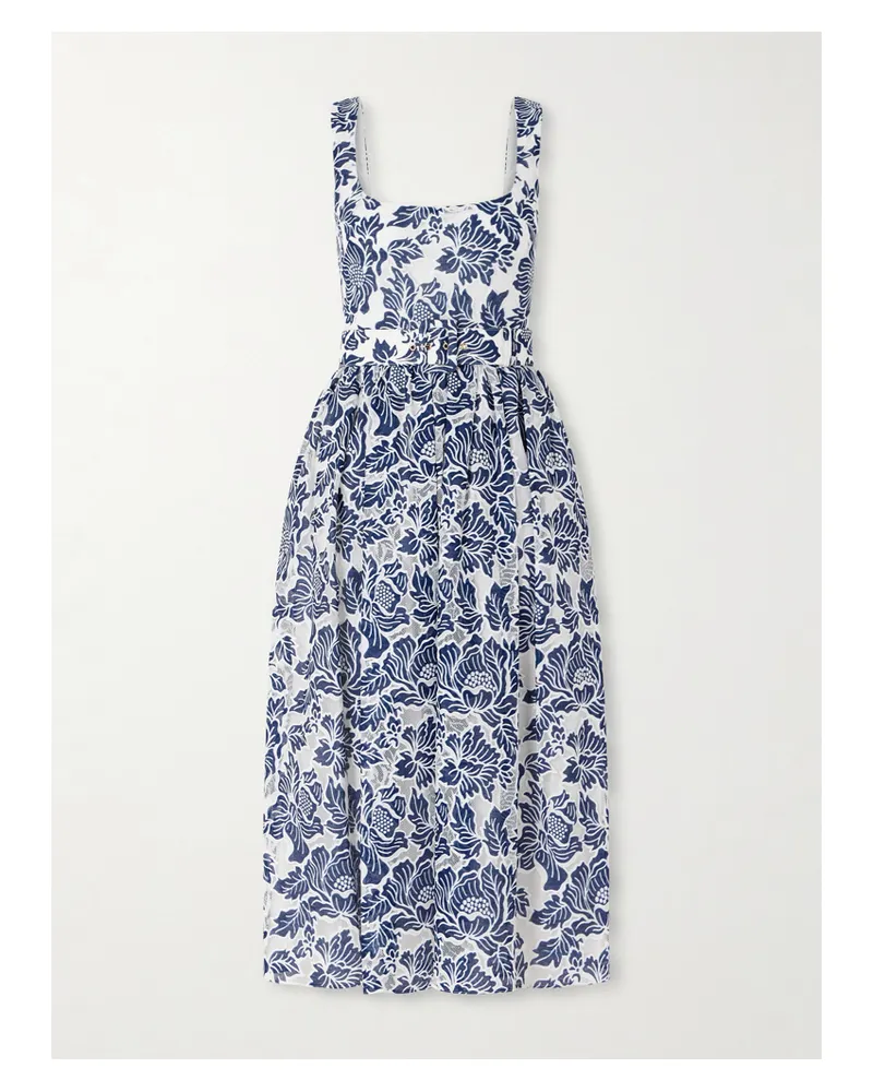 Borgo De Nor Mackenzie Belted Lace-paneled Cotton-blend Midi Dress - Blue Blue