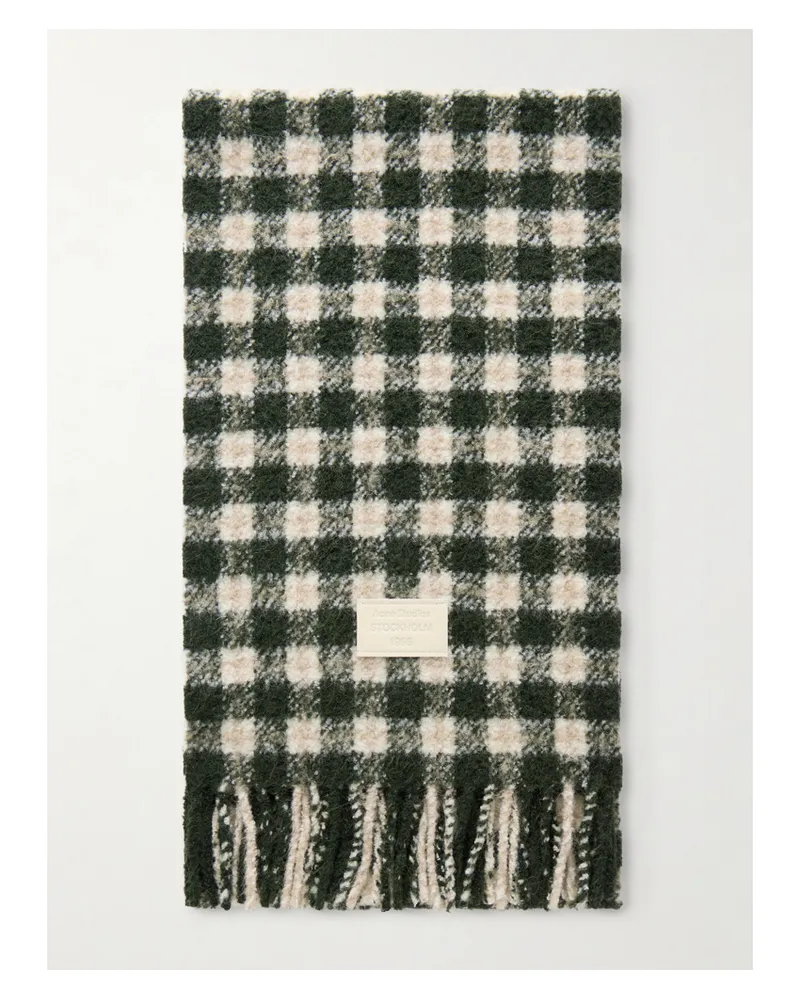 Acne Studios Fringed Leather-trimmed Checked Brushed-knit Scarf - Green Green