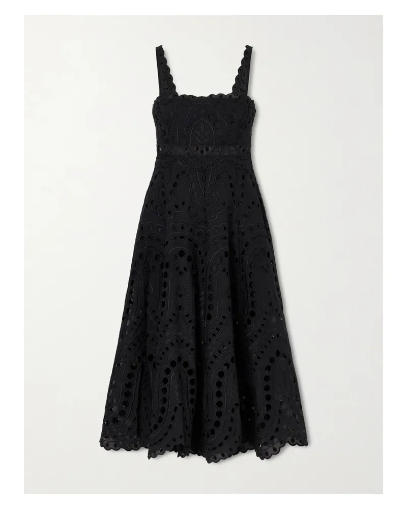 Charo Ruiz Glimmer Scalloped Broderie Anglaise Cotton-blend Midi Dress - Black Black