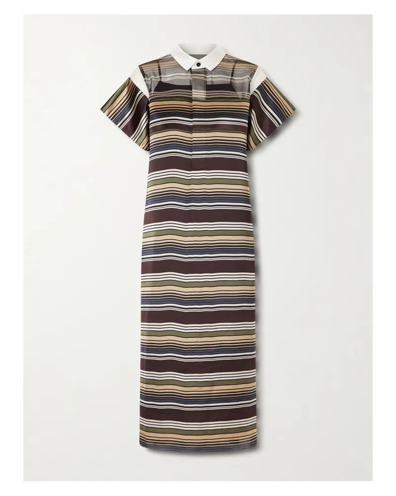 Sacai Striped Organza And Satin Midi Dress - Brown Brown