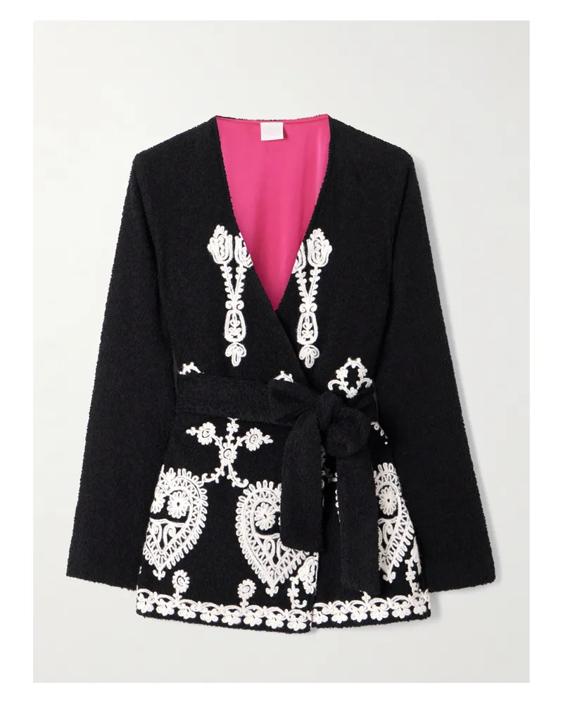 Loretta Caponi Elbaite Belted Embroidered Wool-blend Bouclé Jacket - Black Black