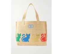 Large Embroidered Raffia Tote - Multi
