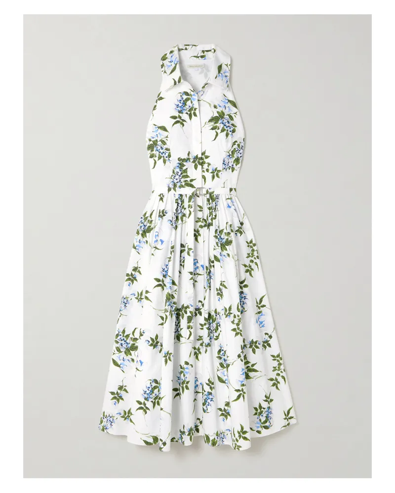 EMILIA WICKSTEAD Norika Belted Floral-print Cotton-poplin Midi Shirt Dress - White White