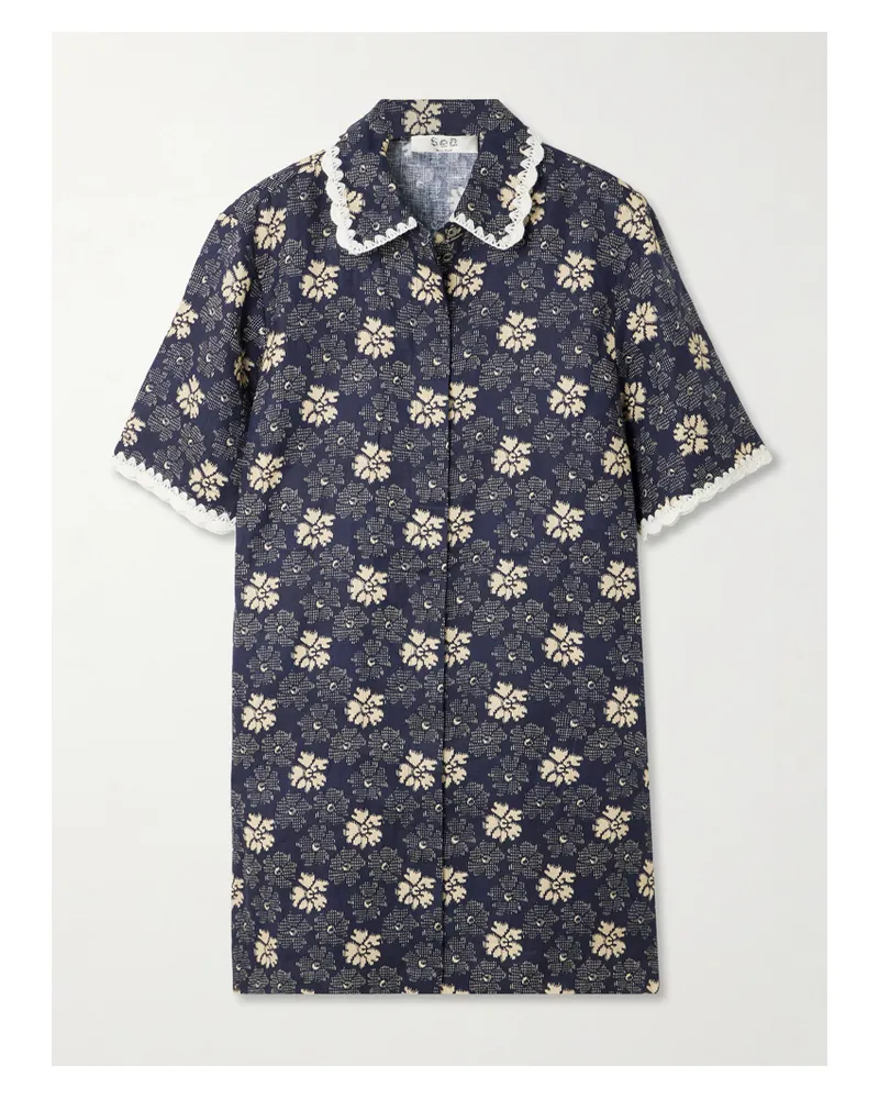 Sea Gloria Embroidered Printed Linen Mini Dress - Blue Blue