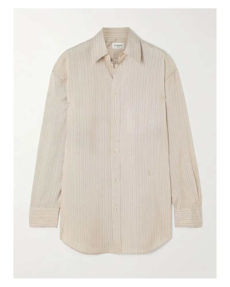 Saint Laurent Hemd Aus Gestreifter Seide Mit Stickerei - Neutral Neutral