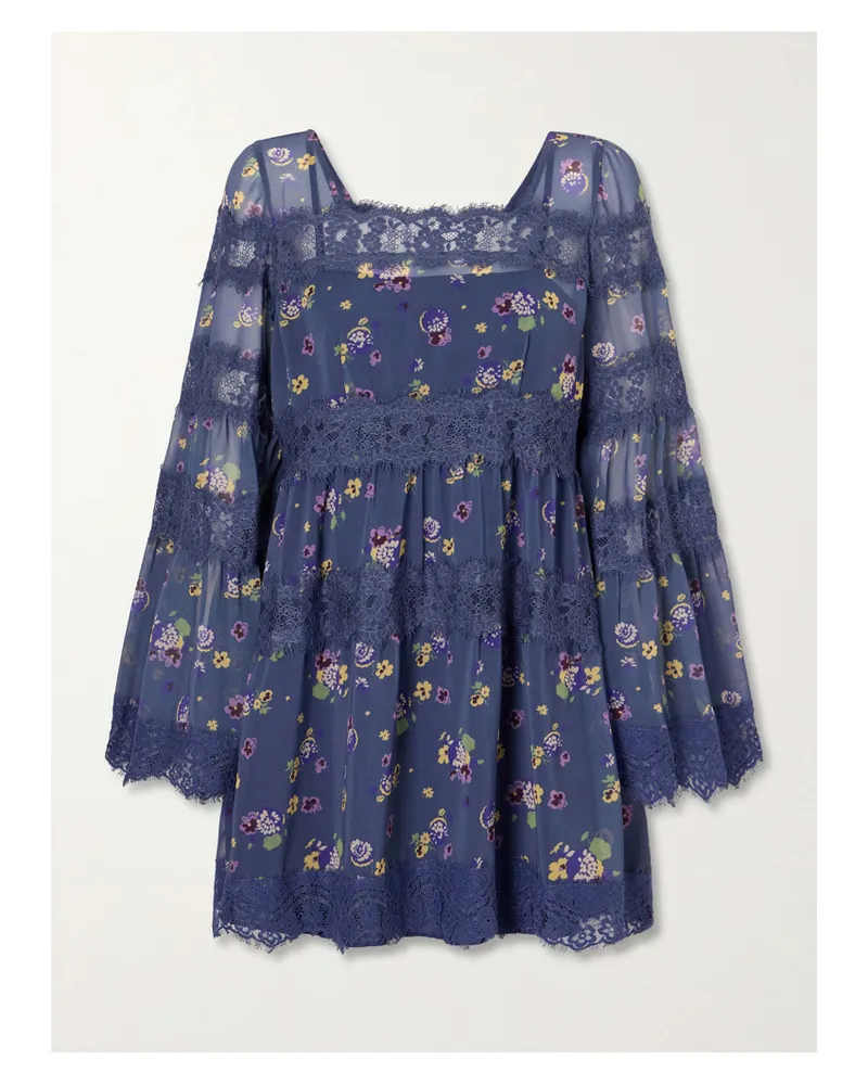 Anna Sui Pleated Floral-print Lace-trimmed Chiffon Mini Dress - Blue Blue
