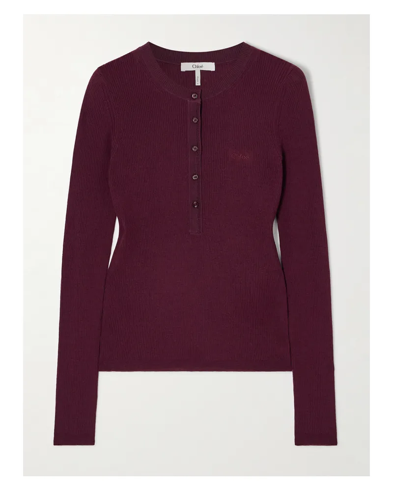 Chloé Silk-trimmed Ribbed Wool Sweater - Burgundy Burgundy