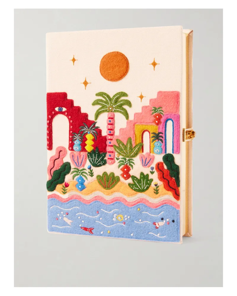 Olympia Le-Tan Tropic Vibes Embroidered Appliquéd Cotton, Wool And Silk-blend Canvas Clutch - Pink Pink