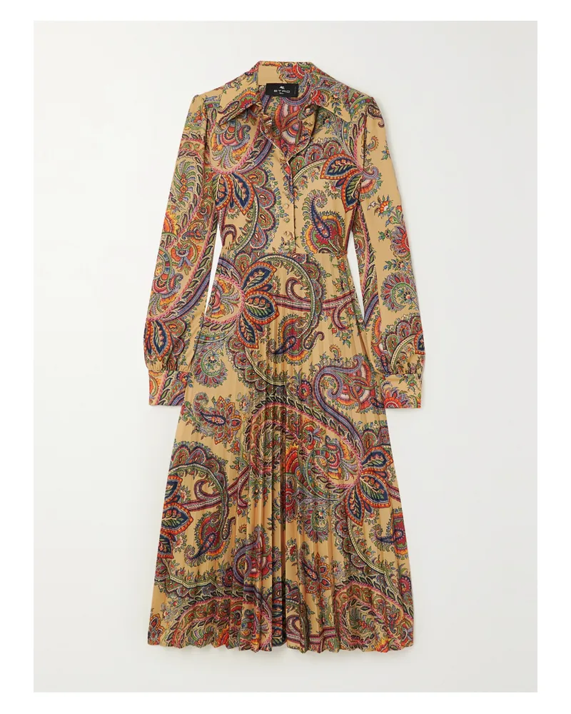 Etro Midi-hemdblusenkleid Aus Crêpe Mit Paisley-muster Und Plissee - Neutral Neutral