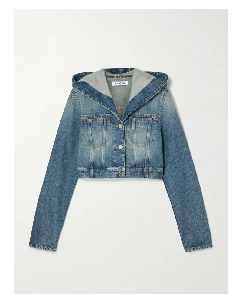 Alaïa Cropped Hooded Denim Jacket - Blue Blue