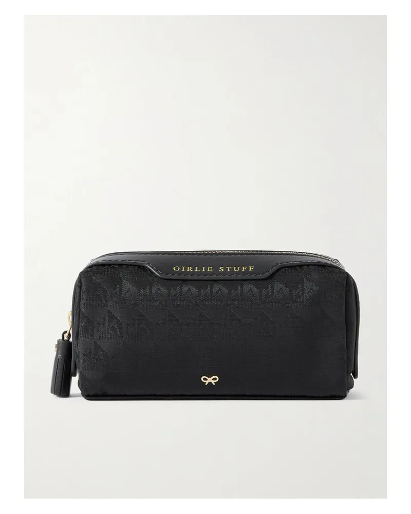 Anya Hindmarch Girlie Stuff Kosmetiktasche Mit Jacquard-muster Und Lederbesätzen - Schwarz Schwarz