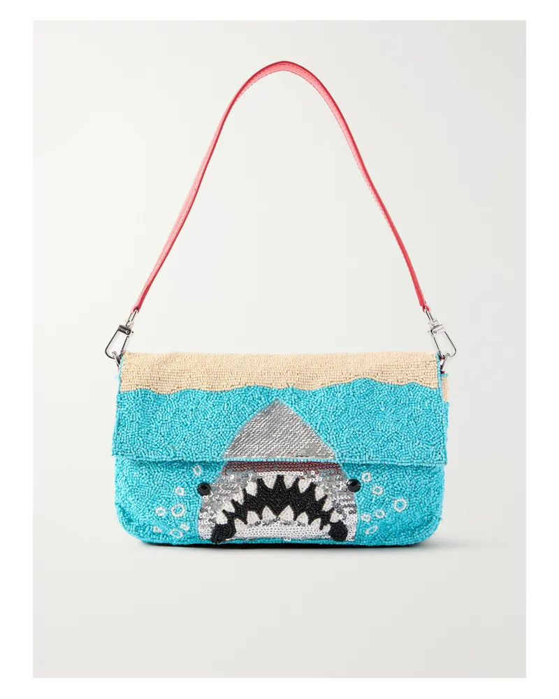 STAUD Timmy Leather-trimmed Beaded Satin Shoulder Bag - Blue Blue