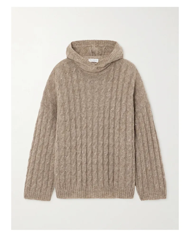 Brunello Cucinelli Zopfstrickpullover Mit Kapuze Und Pailletten - Neutral Neutral