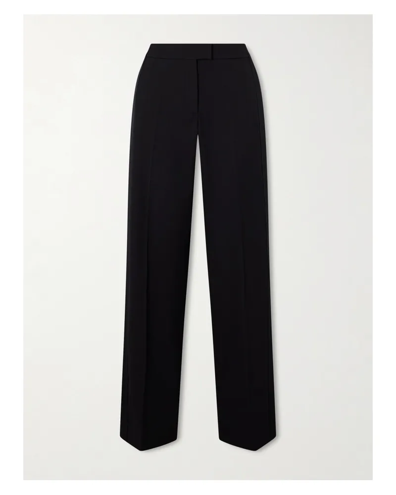 Another Tomorrow Pleated Satin-trimmed Wool-blend Twill Wide-leg Pants - Black Black