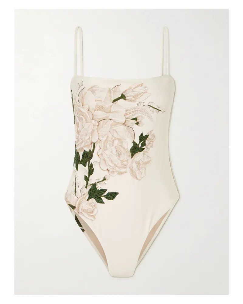 AGUA BENDITA Durazno Gardenia Badeanzug Aus Bedrucktem, Recyceltem Material Mit Zierperlen Und Stickereien - Creme Creme