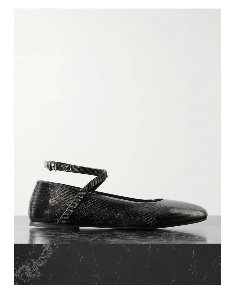 Brunello Cucinelli Ballerinas Aus Strukturiertem Metallic-leder Mit Zierperlen Metallic