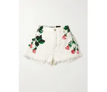 Paula's Ibiza Jeansshorts Mit Blumenprint Und Fransen - Weiß