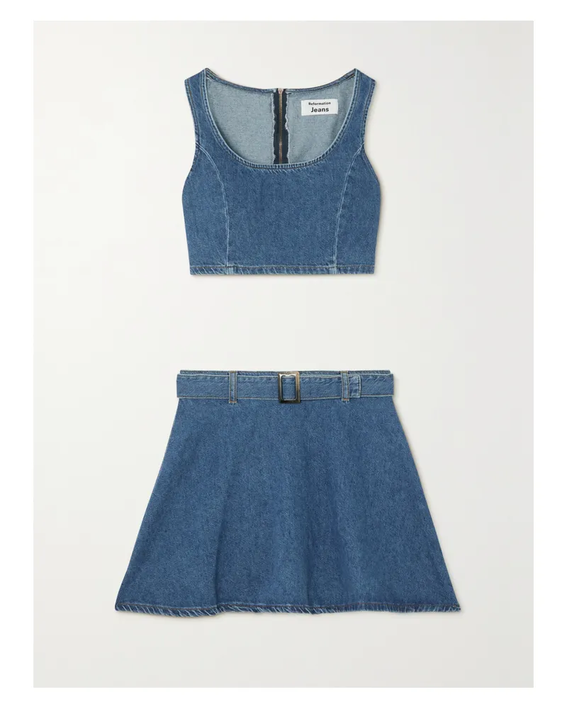 Reformation Anissa Set Aus Einem Bustier Und Minirock Aus Denim - Blau Blau