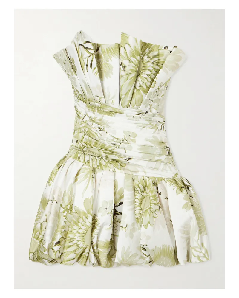 Aje. Strapless Ruched Floral-print Cotton-poplin Mini Dress - Green Green