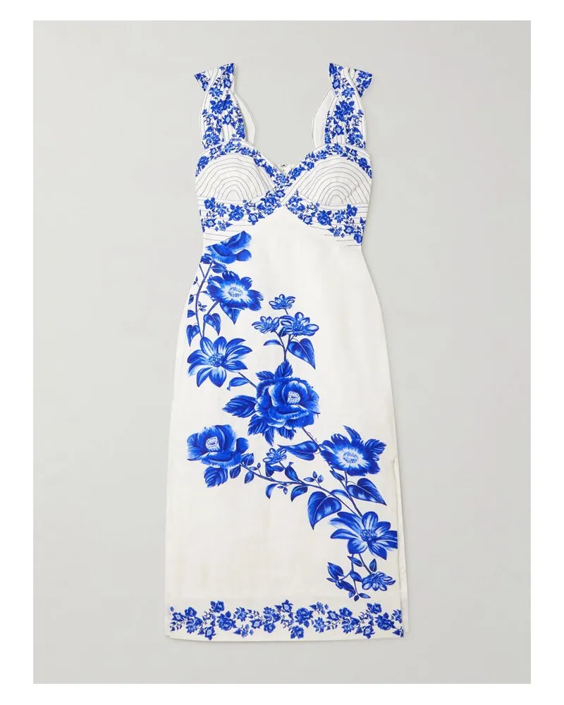 FARM Rio Cascade Midikleid Aus Leinen Mit Prints Und Raffung - Blau Blau